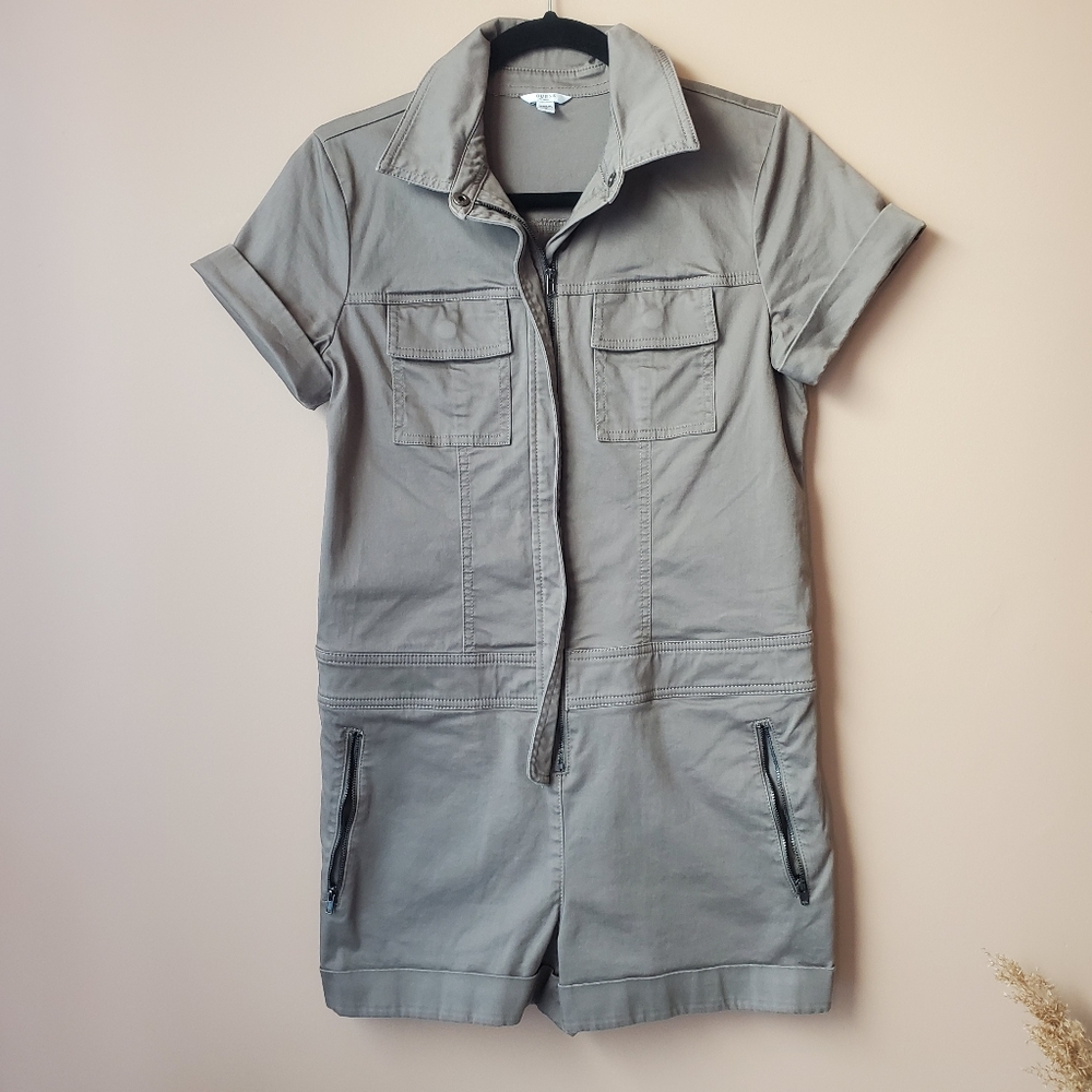 GUESS Khaki Short Sleeved Zip-Front Collared Cargo Romper